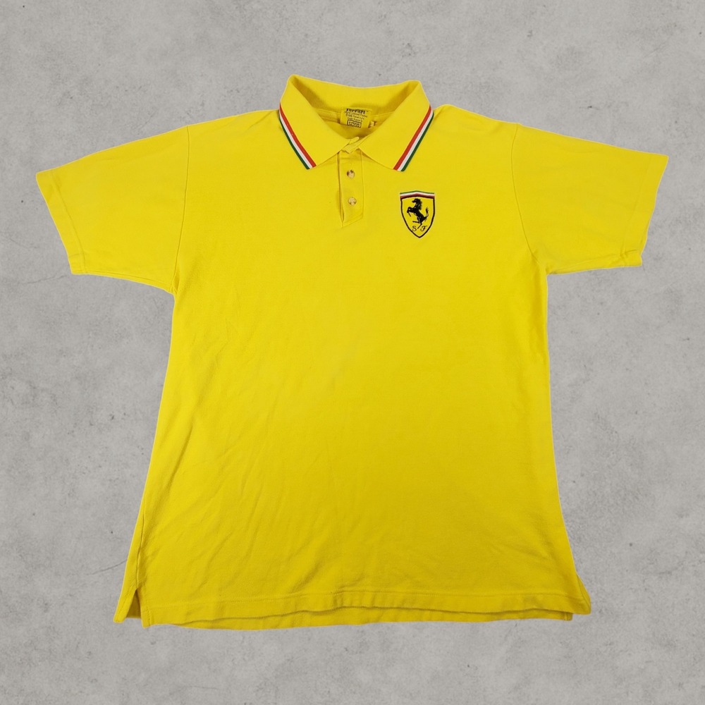 Vintage Ferrari Polo Shirt Men XL Yellow Nice Man Italian Flag Trim Racing 1996